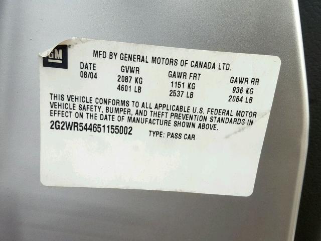 2G2WR544651155002 - 2005 PONTIAC GRAND PRIX SILVER photo 10