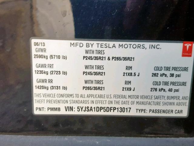 5YJSA1DP5DFP13017 - 2013 TESLA MODEL S BLUE photo 10