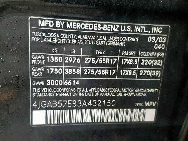 4JGAB57E83A432150 - 2003 MERCEDES-BENZ ML 350 BLACK photo 10