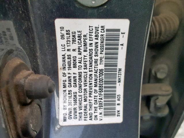 19XFA1F68BE007006 - 2011 HONDA CIVIC LX-S GRAY photo 10