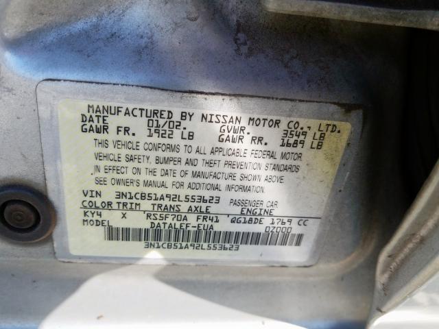 3N1CB51A92L553623 - 2002 NISSAN SENTRA GXE SILVER photo 10