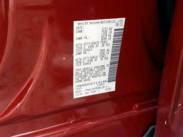 1N6BA0ED1FN514546 - 2015 NISSAN TITAN S RED photo 10