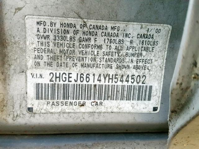 2HGEJ6614YH544502 - 2000 HONDA CIVIC BASE Gümüş foto 10