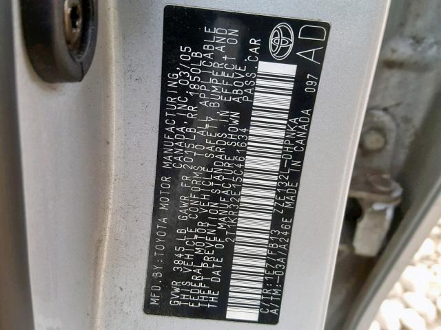 2T1KR32E15C461634 - 2005 TOYOTA MATRIX SILVER photo 10