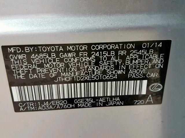 JTHCF1D2XE5010654 - 2014 LEXUS IS 250 SILVER photo 10