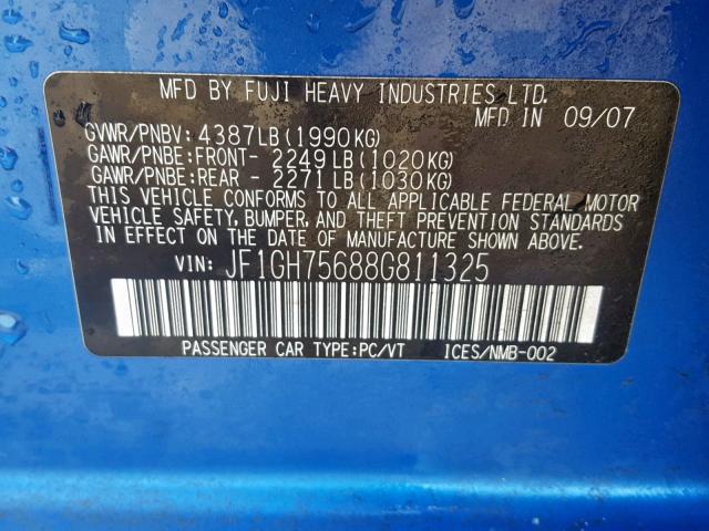 JF1GH75688G811325 - 2008 SUBARU IMPREZA WR BLUE photo 10