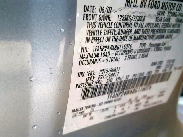 1FAHP24W68G116076 - 2008 FORD TAURUS SEL BLUE photo 10