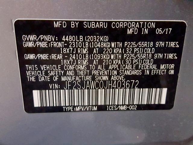 JF2SJAWC0JH403672 - 2018 SUBARU FORESTER 2 SILVER photo 10