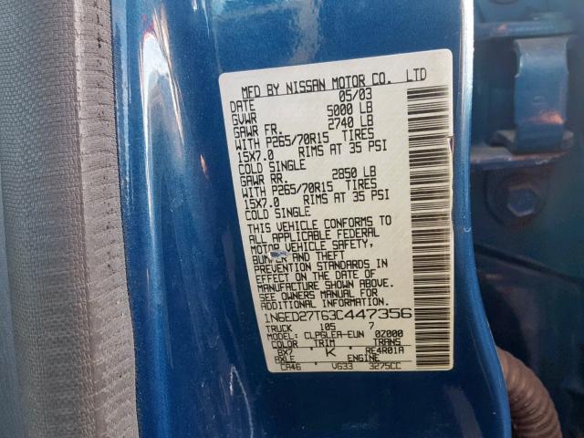 1N6ED27T63C447356 - 2003 NISSAN FRONTIER C BLUE photo 10