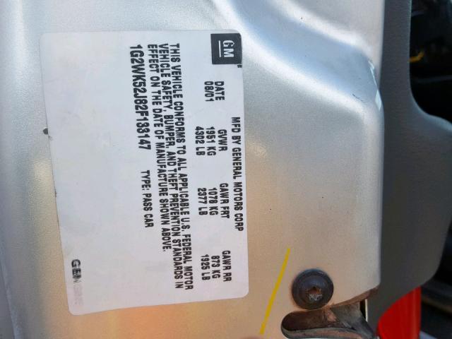 1G2WK52J82F133147 - 2002 PONTIAC GRAND PRIX SILVER photo 10