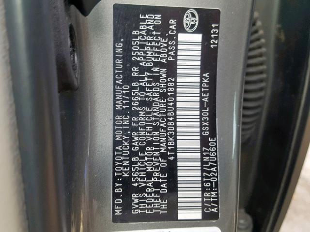 4T1BK3DB4BU401882 - 2011 TOYOTA AVALON BAS GRAY photo 10