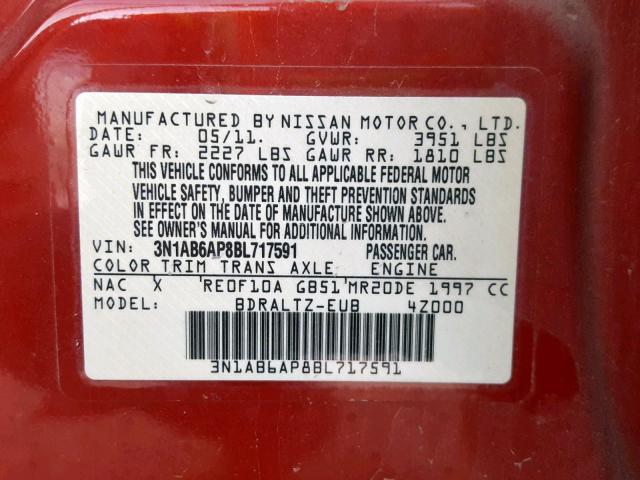 3N1AB6AP8BL717591 - 2011 NISSAN SENTRA 2.0 RED photo 10