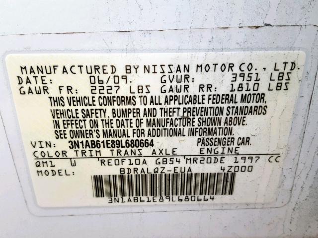 3N1AB61E89L680664 - 2009 NISSAN SENTRA 2.0 WHITE photo 10