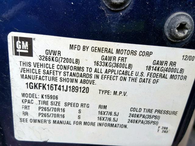 1GKFK16T41J189120 - 2001 GMC YUKON XL K BLUE photo 10