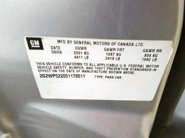 2G2WP522051178511 - 2005 PONTIAC GRAND PRIX SILVER photo 10