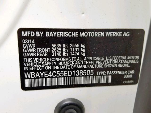 WBAYE4C55ED138505 - 2014 BMW 740 LI WHITE photo 10