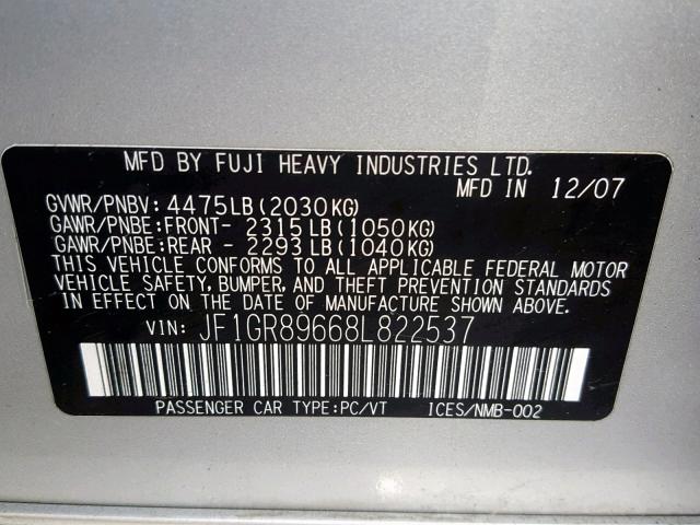 JF1GR89668L822537 - 2008 SUBARU IMPREZA WR SILVER photo 10