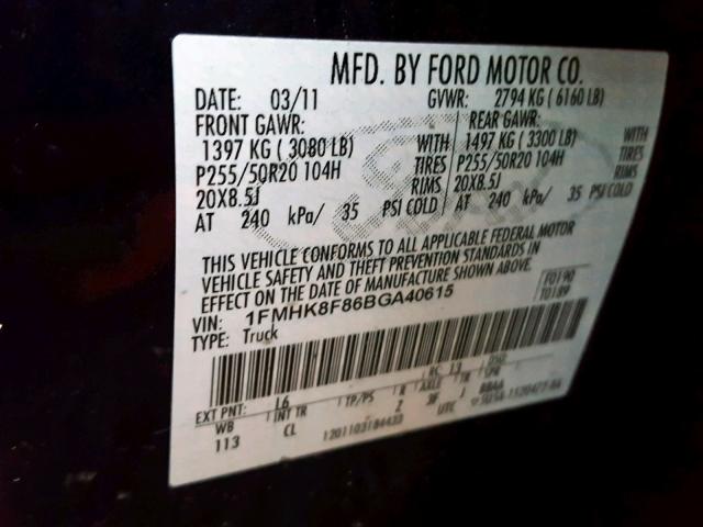 1FMHK8F86BGA40615 - 2011 FORD EXPLORER L BLUE photo 10