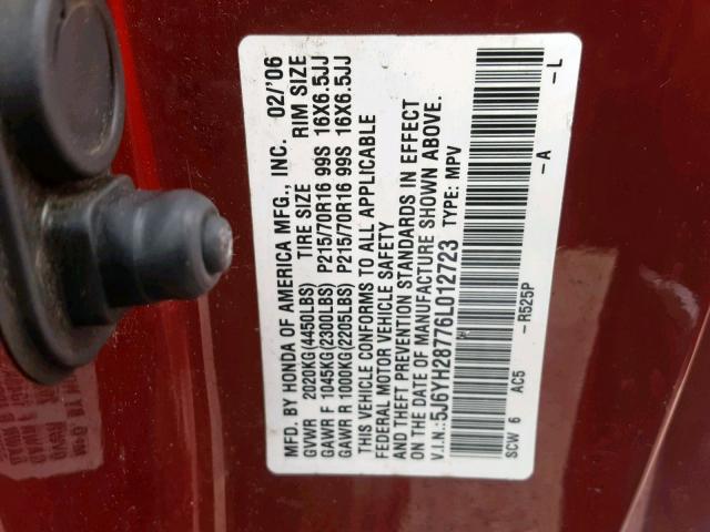 5J6YH28776L012723 - 2006 HONDA ELEMENT EX RED photo 10