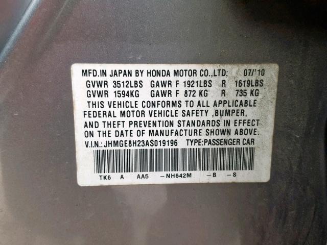 JHMGE8H23AS019196 - 2010 HONDA FIT GRAY photo 10