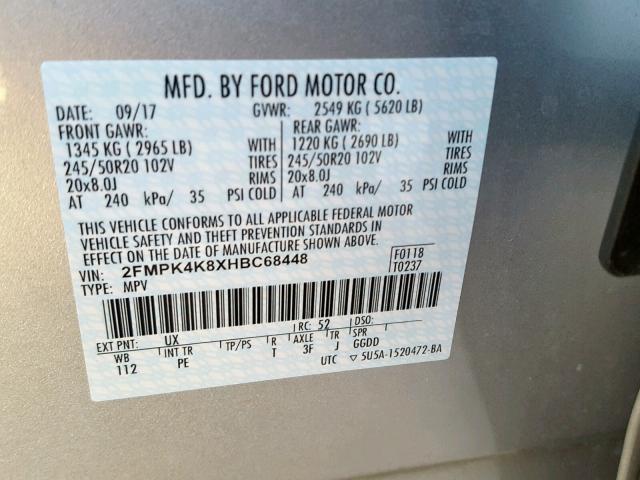 2FMPK4K8XHBC68448 - 2017 FORD EDGE TITAN SILVER photo 10