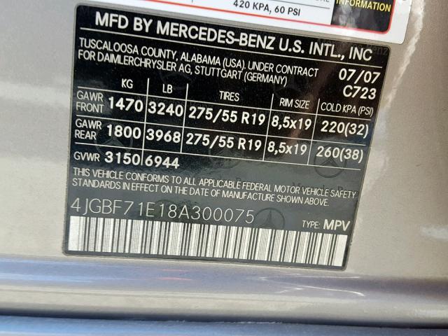 4JGBF71E18A300075 - 2008 MERCEDES-BENZ GL 450 4MA SILVER photo 10