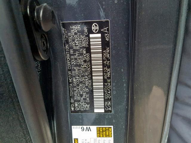 JTKDE167X80267888 - 2008 TOYOTA SCION TC ნაცრისფერი ფოტო 10