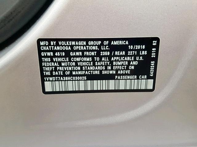 1VWDT7A38HC030025 - 2017 VOLKSWAGEN PASSAT R-L SILVER photo 10