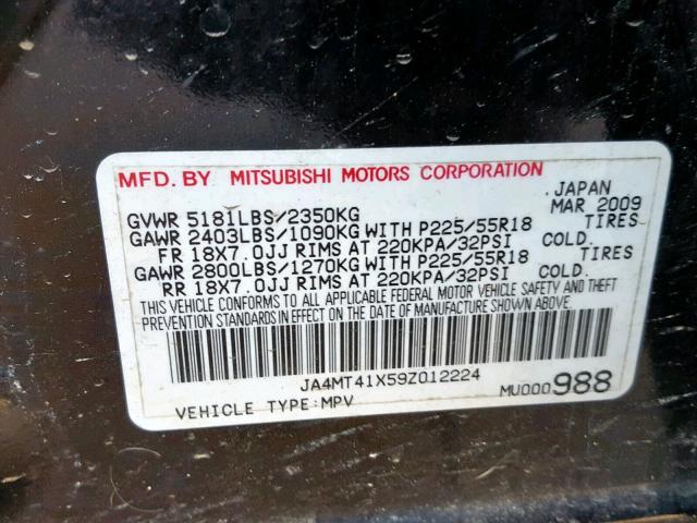 JA4MT41X59Z012224 - 2009 MITSUBISHI OUTLANDER BLACK photo 10