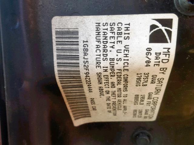 1G8AJ52F94Z224444 - 2004 SATURN ION LEVEL MAROON photo 10