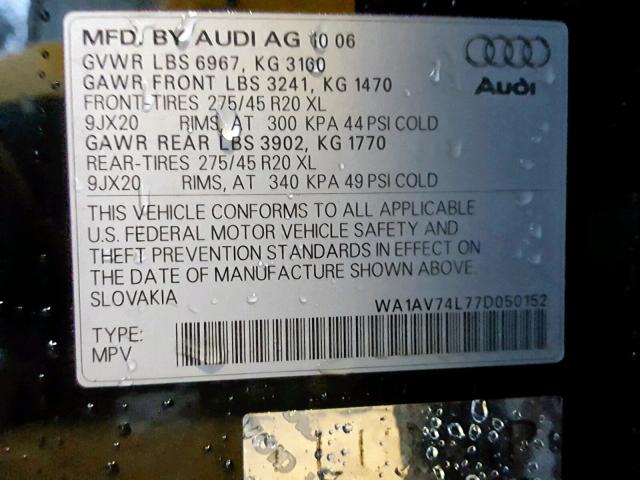 WA1AV74L77D050152 - 2007 AUDI Q7 4.2 QUA BLACK photo 10