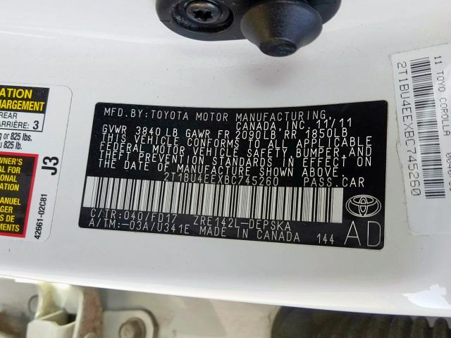 2T1BU4EEXBC745260 - 2011 TOYOTA COROLLA BASE  photo 10