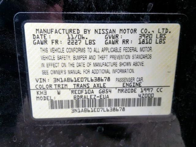 3N1AB61E07L638678 - 2007 NISSAN SENTRA 2.0 BLACK photo 10