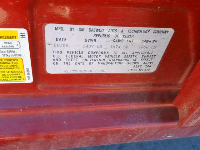 KL1TD66E59B317885 - 2009 CHEVROLET AVEO LS RED photo 10