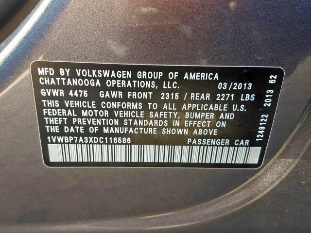 1VWBP7A3XDC116586 - 2013 VOLKSWAGEN PASSAT SE GRAY photo 10