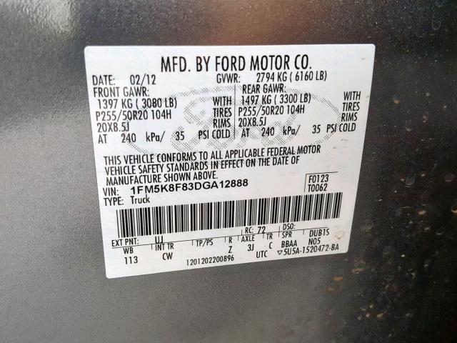 1FM5K8F83DGA12888 - 2013 FORD EXPLORER L BURN photo 10