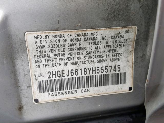 2HGEJ6618YH555745 - 2000 HONDA CIVIC BASE Gümüş foto 10