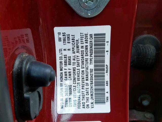 JHMZE2H78AS042782 - 2010 HONDA INSIGHT EX RED photo 10