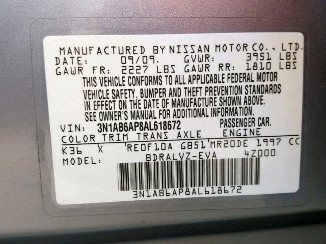 3N1AB6AP8AL618672 - 2010 NISSAN SENTRA 2.0 GRAY photo 10