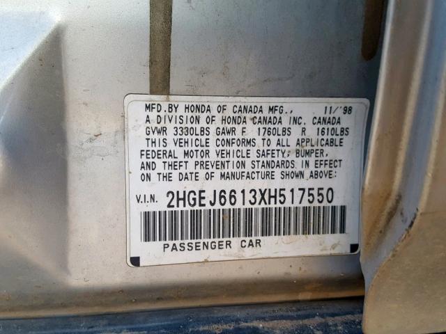 2HGEJ6613XH517550 - 1999 HONDA CIVIC BASE Gümüş foto 10