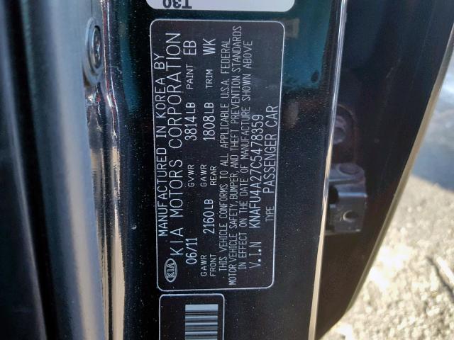 KNAFU4A27C5478359 - 2012 KIA FORTE EX BLACK photo 10