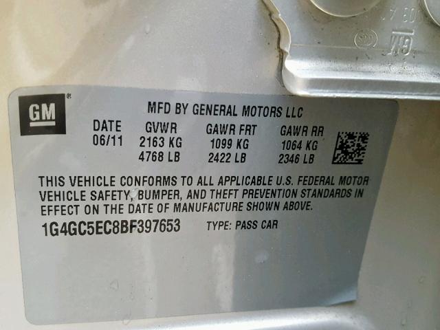 1G4GC5EC8BF397653 - 2011 BUICK LACROSSE C GOLD photo 10