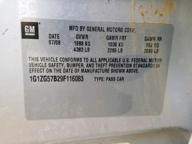 1G1ZG57B29F116083 - 2009 CHEVROLET MALIBU LS 灰色 照片 10