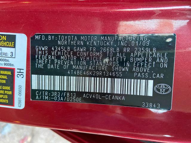 4T4BE46K29R134655 - 2009 TOYOTA CAMRY BASE RED photo 10