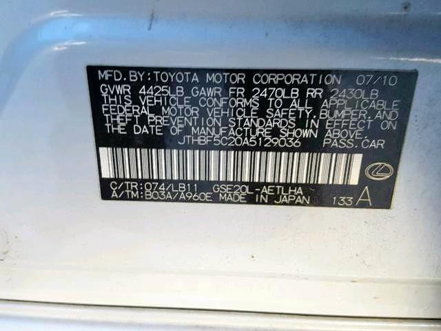 JTHBF5C20A5129036 - 2010 LEXUS IS 250 WHITE photo 10