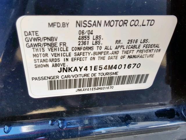 JNKAY41E54M401670 - 2004 INFINITI M45 BLUE photo 10