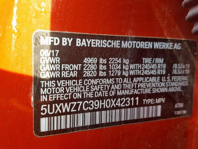 5UXWZ7C39H0X42311 - 2017 BMW X3 SDRIVE2 RED photo 10