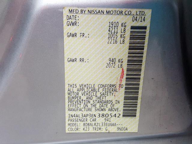 1N4AL3AP3EN380542 - 2014 NISSAN ALTIMA 2.5 SILVER photo 10