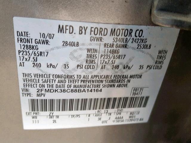 2FMDK38C88BA14164 - 2008 FORD EDGE SEL GRAY photo 10