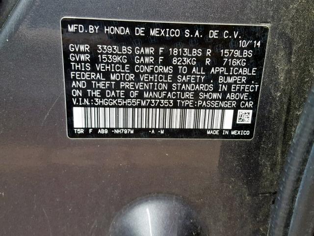 3HGGK5H55FM737353 - 2015 HONDA FIT LX GRAY photo 10